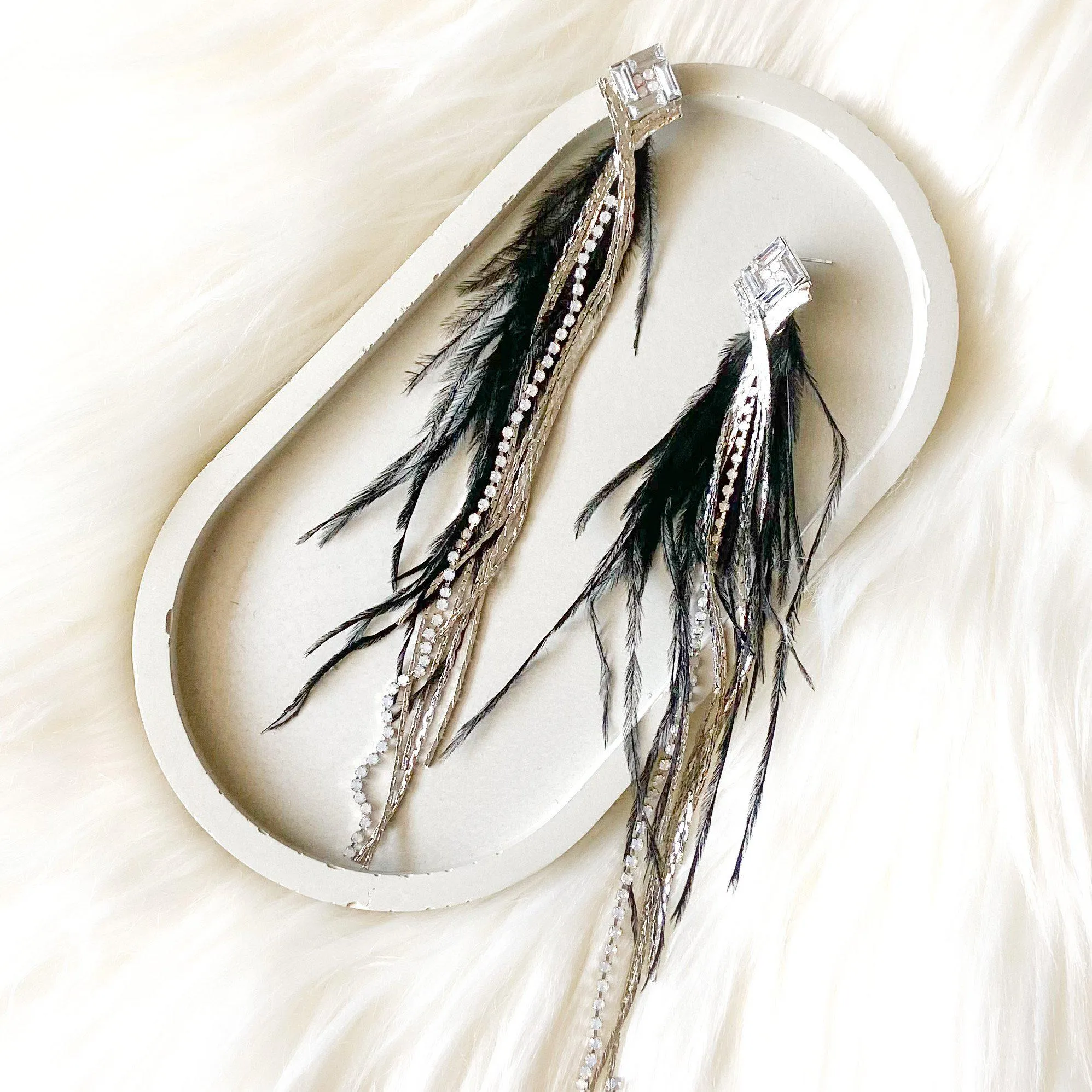 Feather & Rhinestone Duster Earrings - 2 Colors!