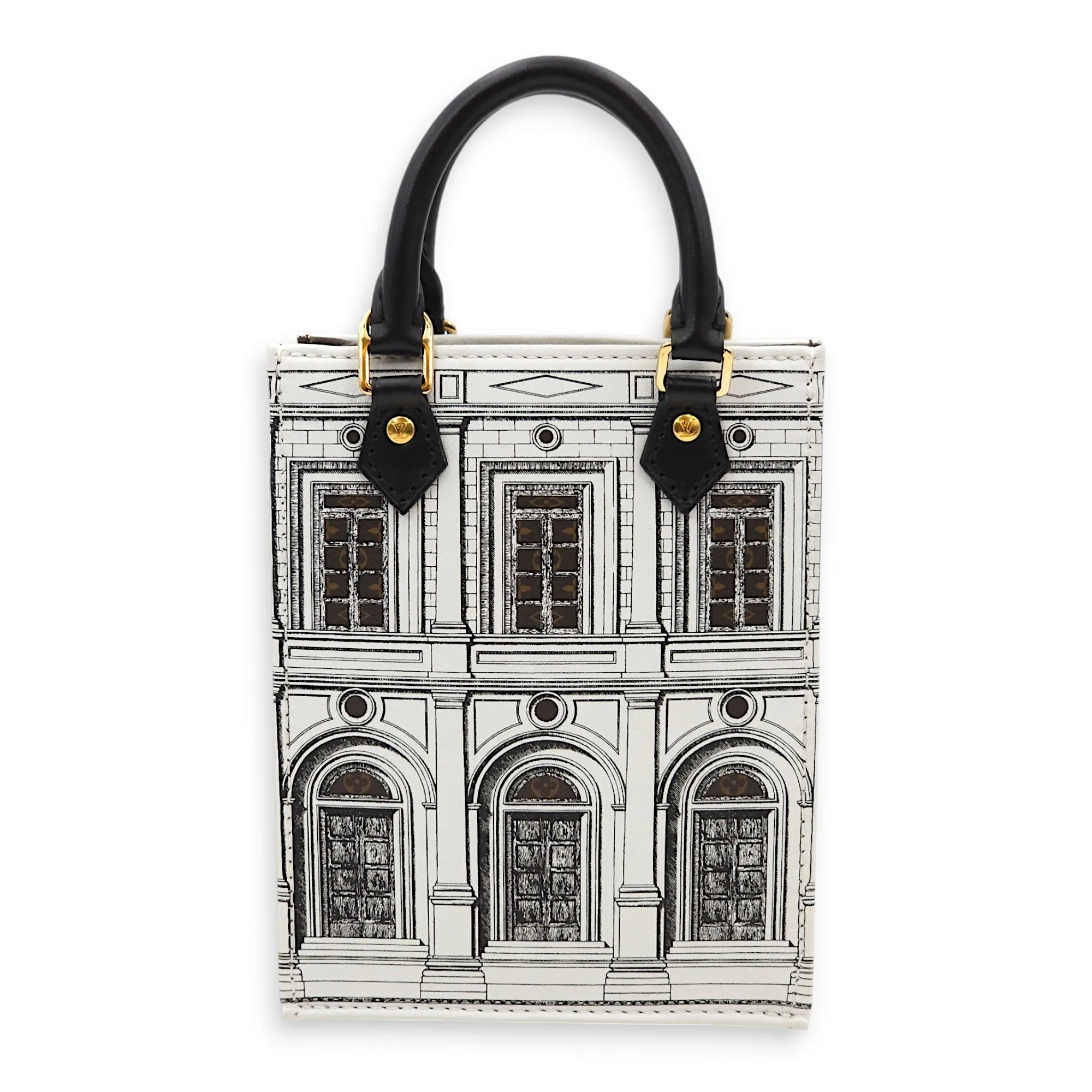 Fornasetti Petite Sac Plat White/Monogram Crossbody Bag in Canvas, Gold hardware