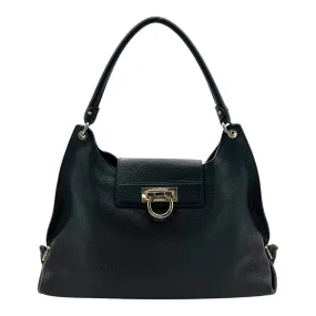 Gancini Hobo Shoulder Bag Black in Calfskin, Silver hardware