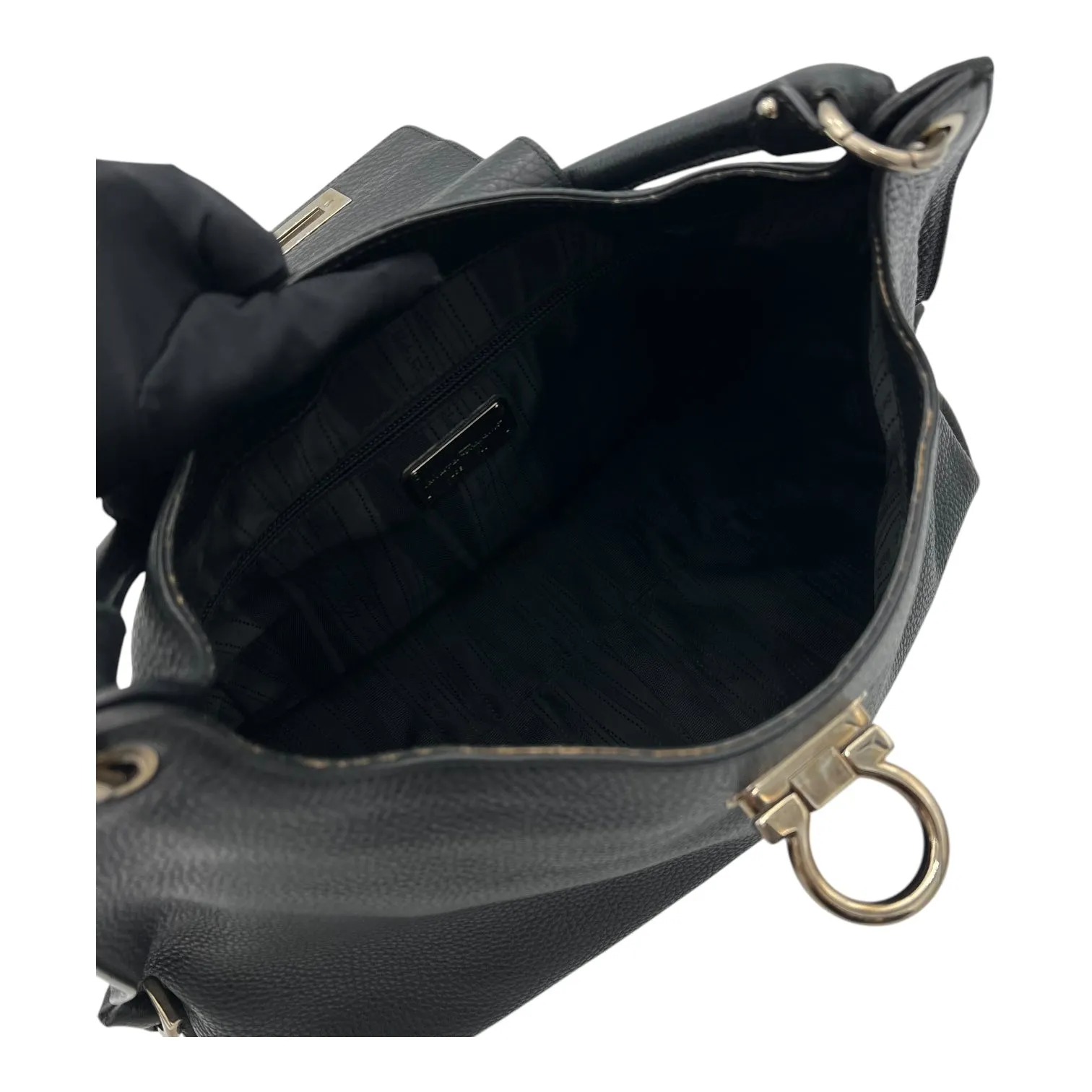 Gancini Hobo Shoulder Bag Black in Calfskin, Silver hardware