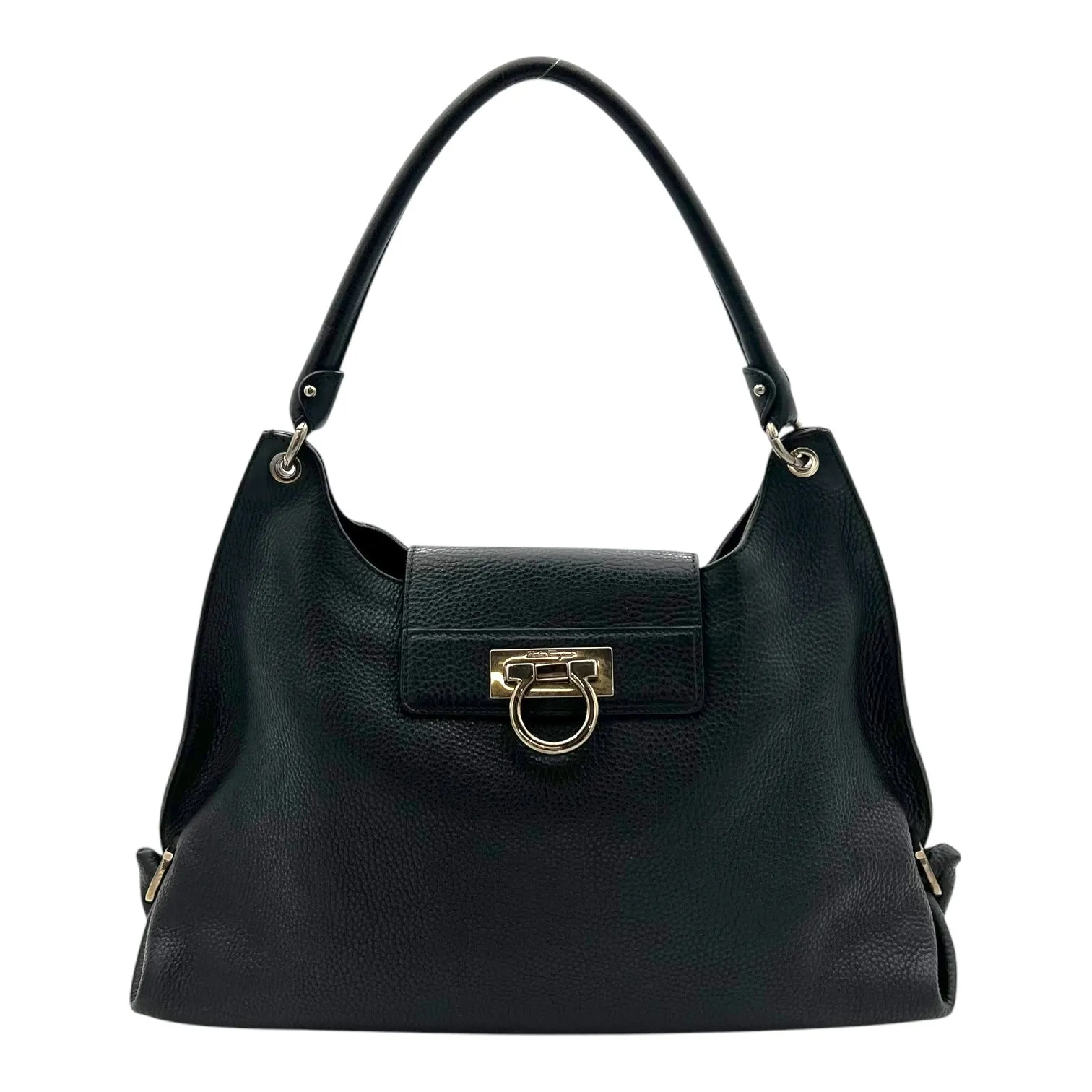 Gancini Hobo Shoulder Bag Black in Calfskin, Silver hardware