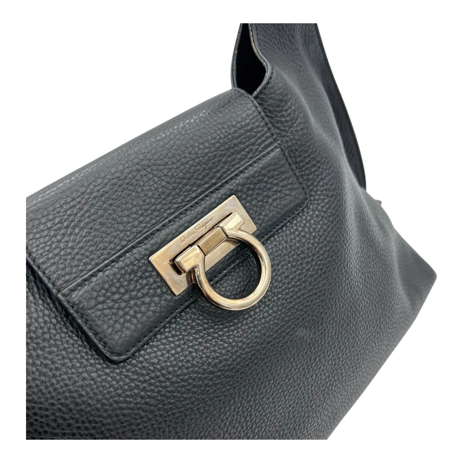 Gancini Hobo Shoulder Bag Black in Calfskin, Silver hardware