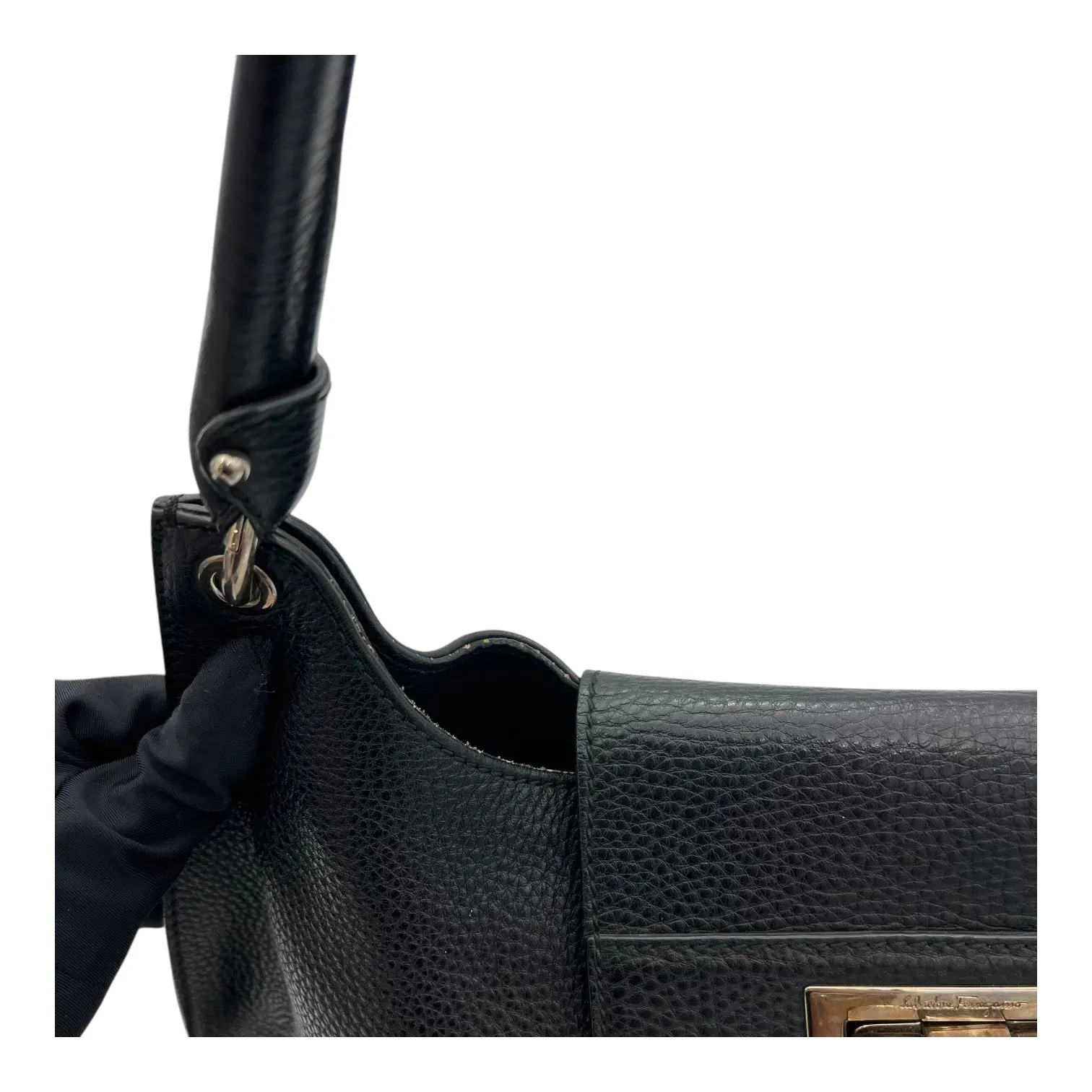 Gancini Hobo Shoulder Bag Black in Calfskin, Silver hardware