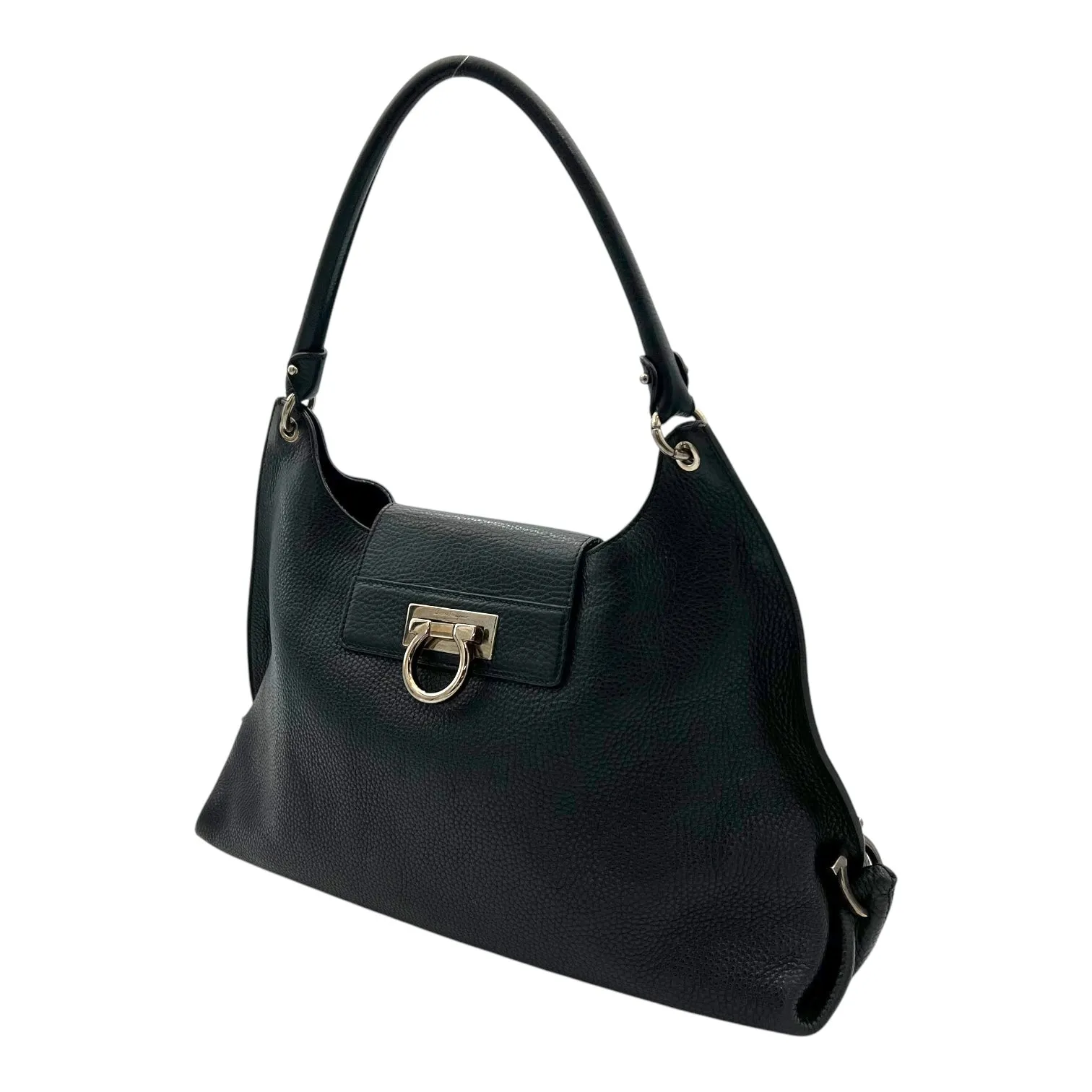 Gancini Hobo Shoulder Bag Black in Calfskin, Silver hardware