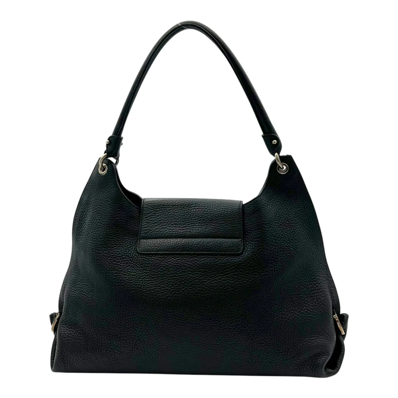 Gancini Hobo Shoulder Bag Black in Calfskin, Silver hardware