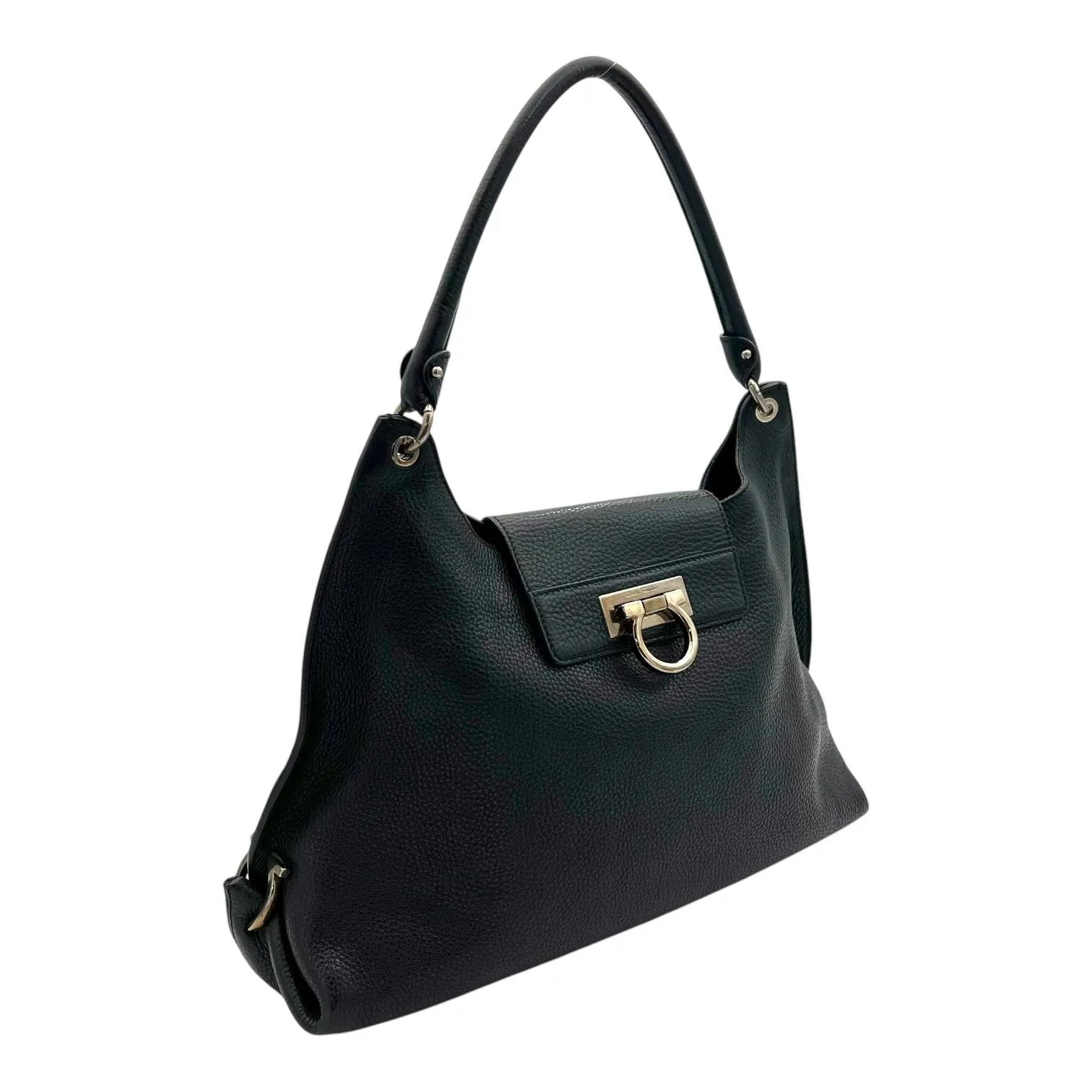 Gancini Hobo Shoulder Bag Black in Calfskin, Silver hardware