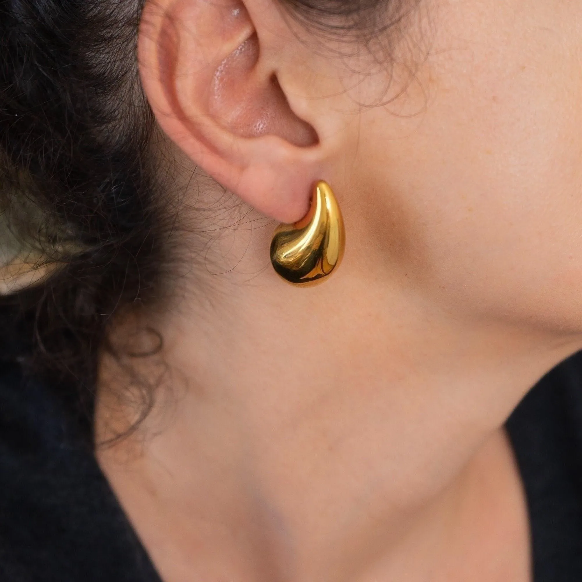 Gold Hoop Earrings - Chunky Dome Drop Shape Waterproof Boho Jewelry