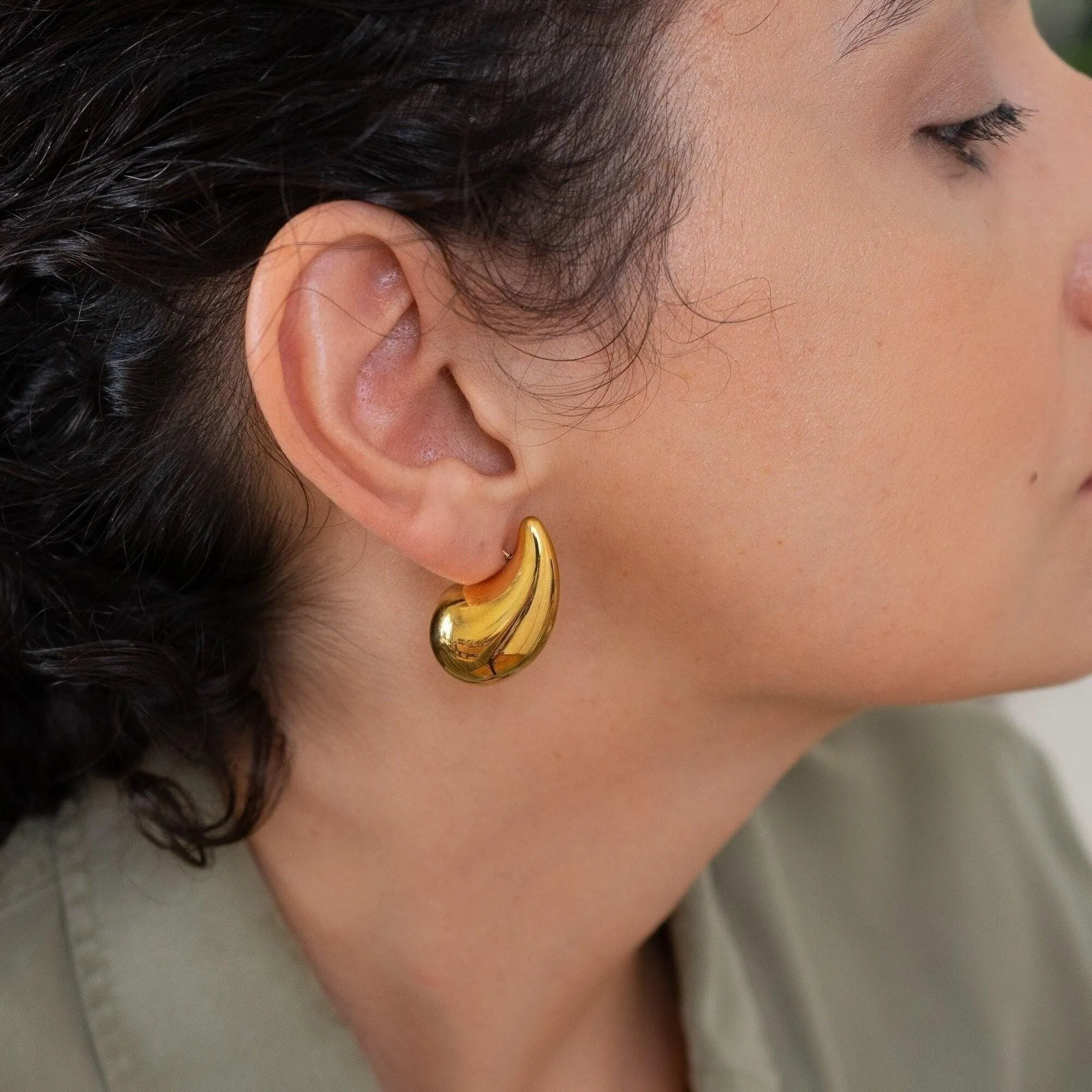 Gold Hoop Earrings - Chunky Dome Drop Shape Waterproof Boho Jewelry