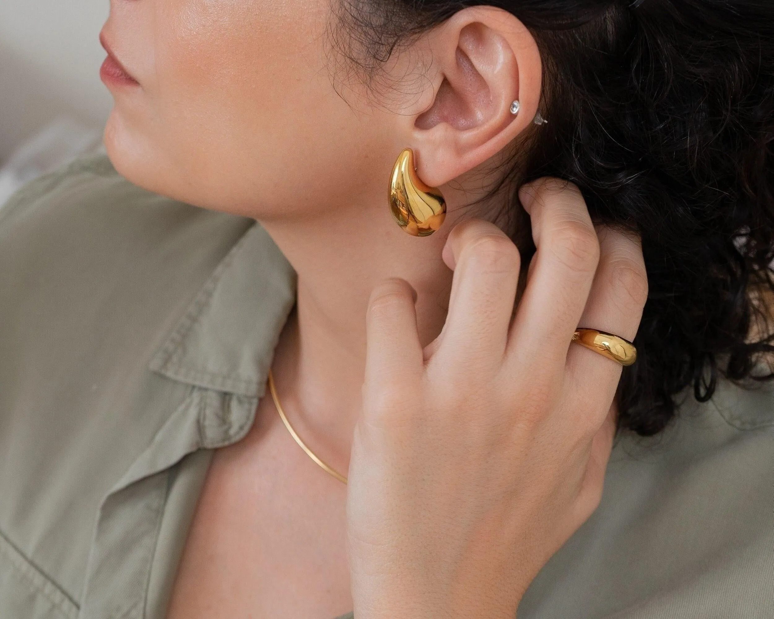 Gold Hoop Earrings - Chunky Dome Drop Shape Waterproof Boho Jewelry