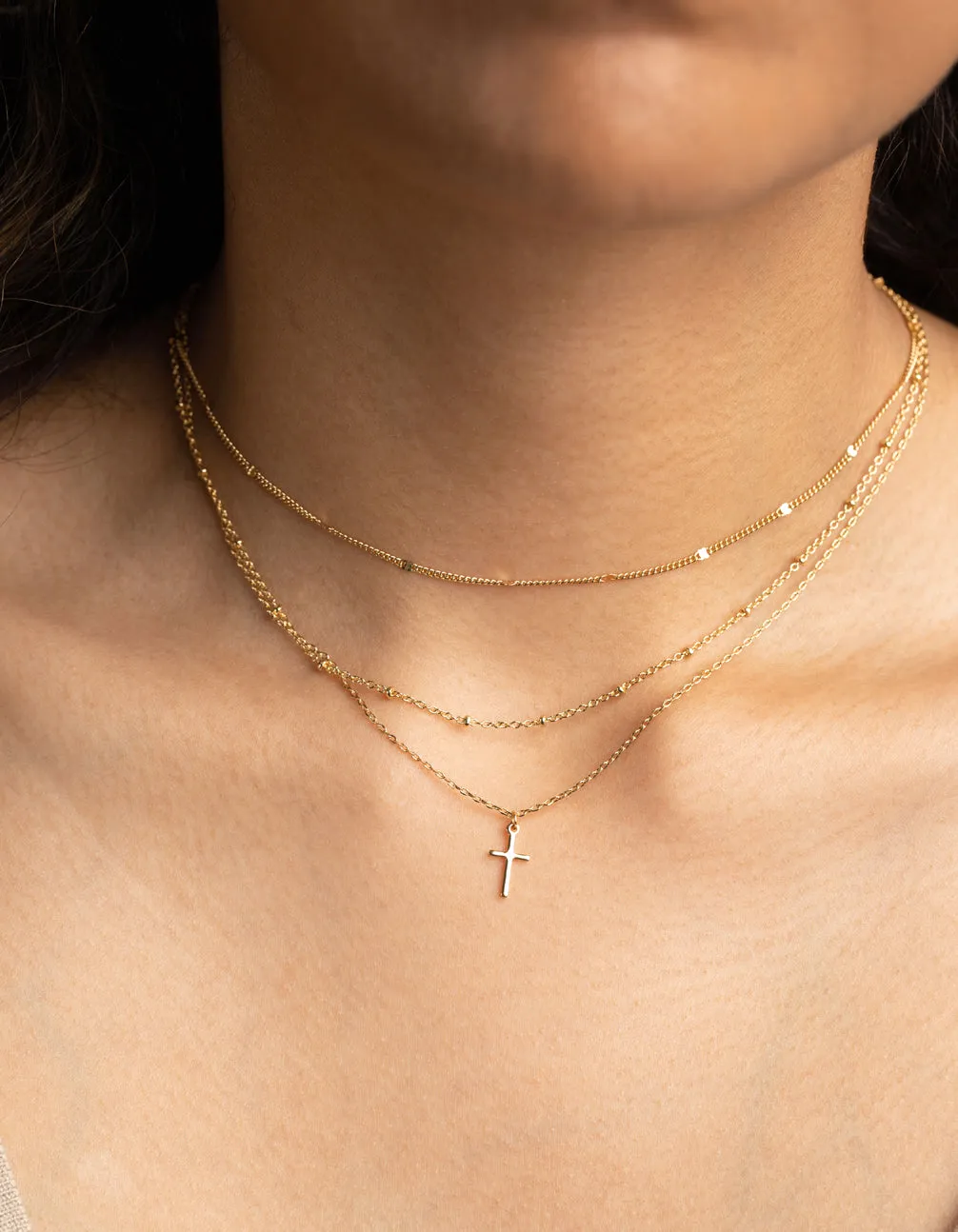 Gold Plated Brass Layered Cross Necklace