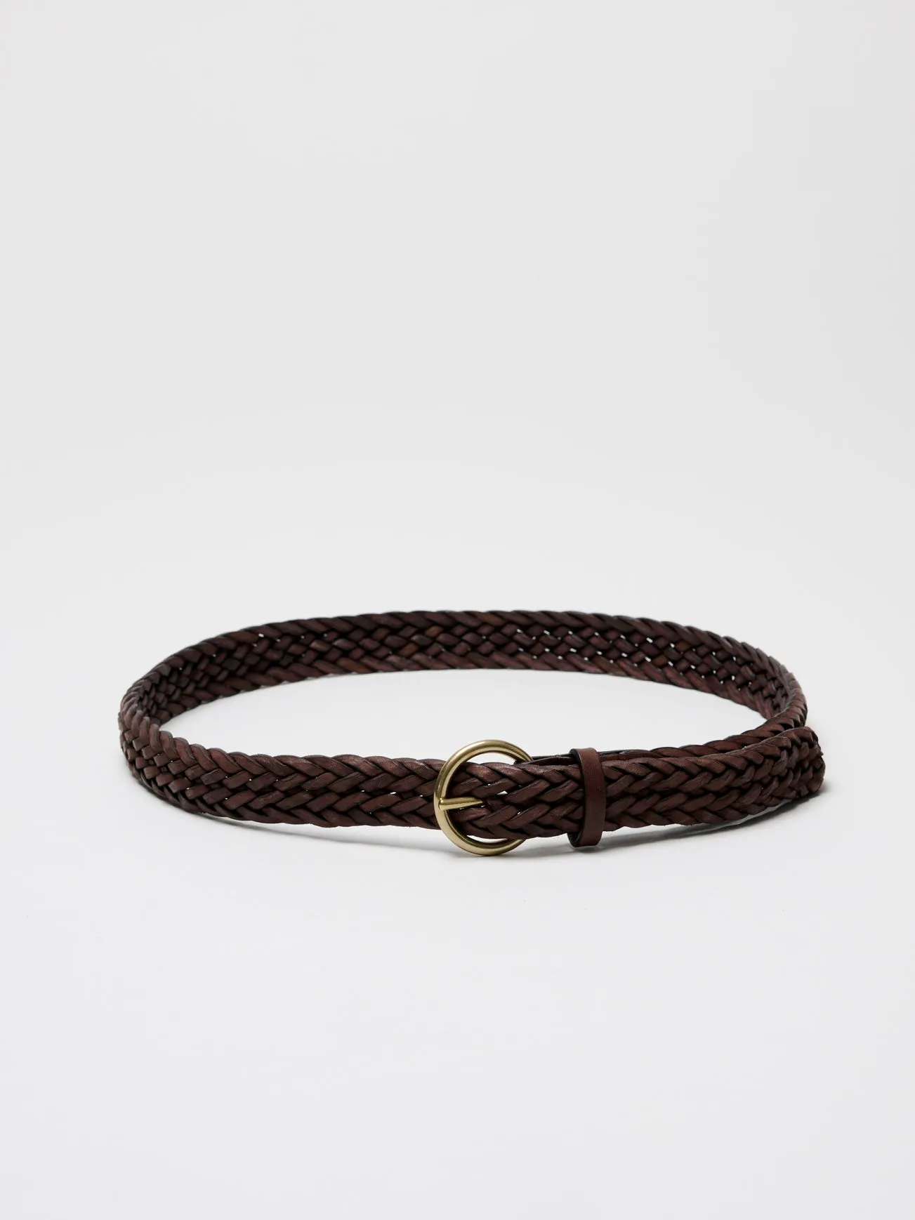 Round Buckle Braided Leather Belt, Dark Brown