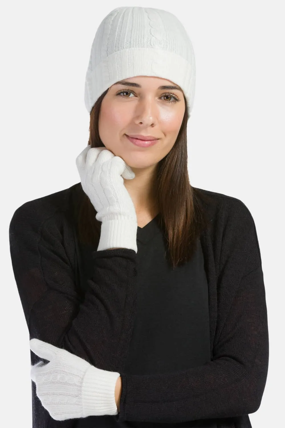 Women's 2pc 100% Pure Cashmere Cable Knit Hat & Glove Set with Gift Box