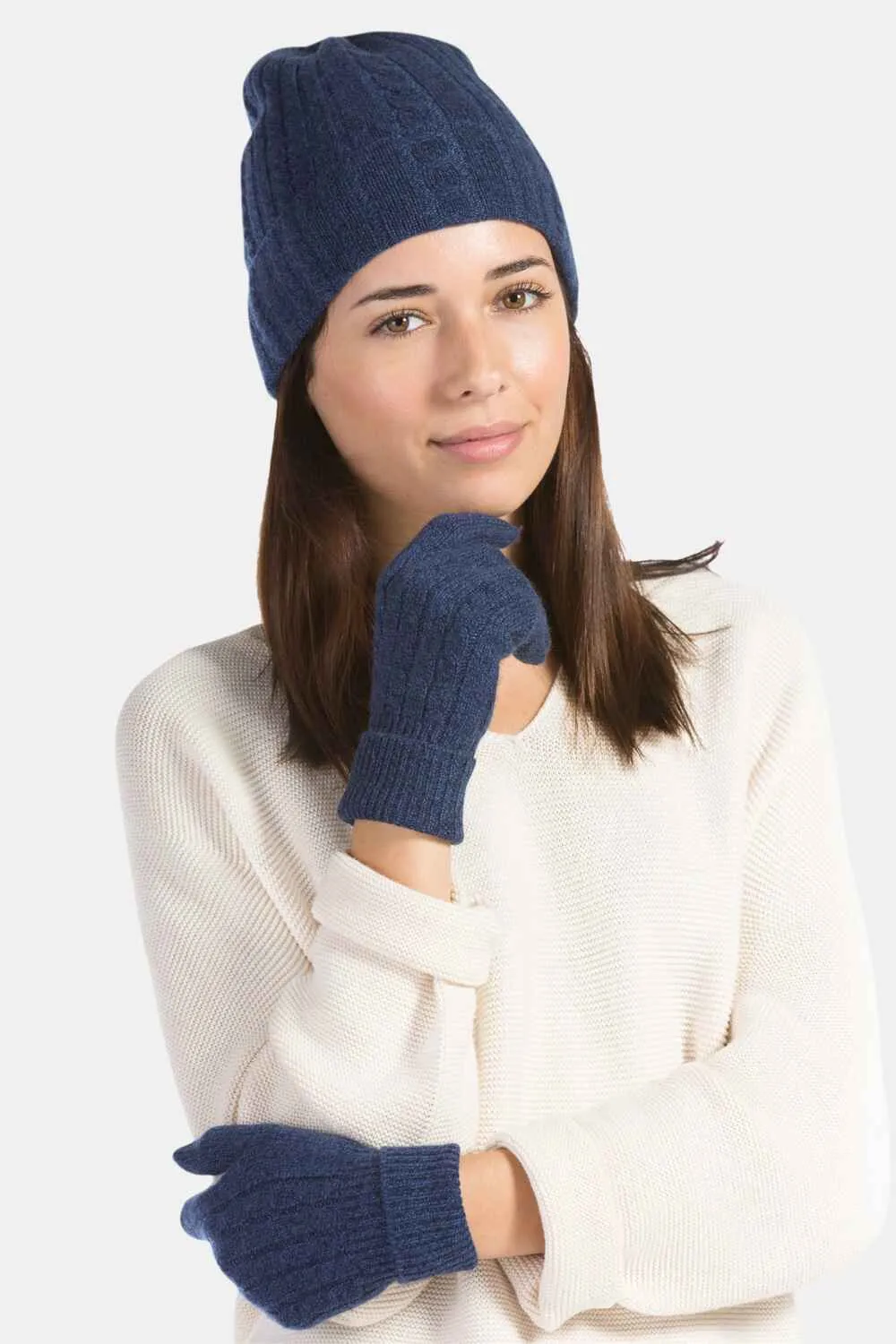 Women's 2pc 100% Pure Cashmere Cable Knit Hat & Glove Set with Gift Box