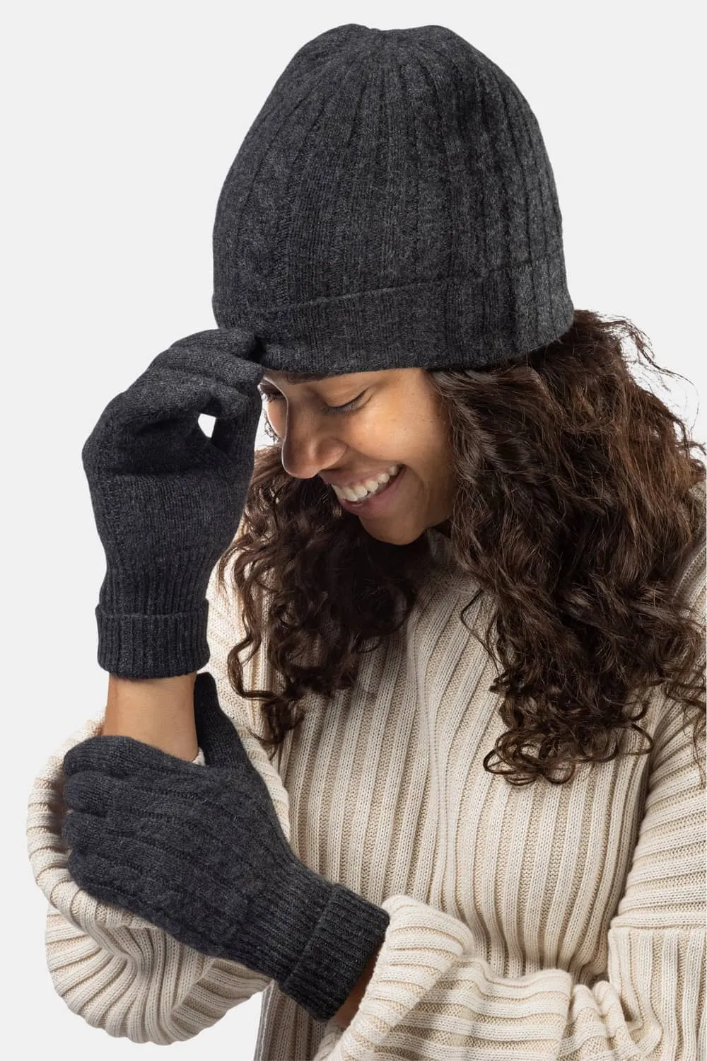 Women's 2pc 100% Pure Cashmere Cable Knit Hat & Glove Set with Gift Box