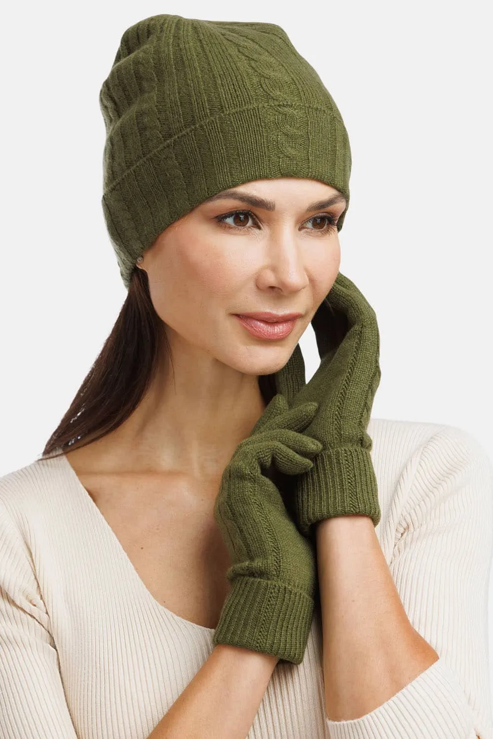 Women's 2pc 100% Pure Cashmere Cable Knit Hat & Glove Set with Gift Box